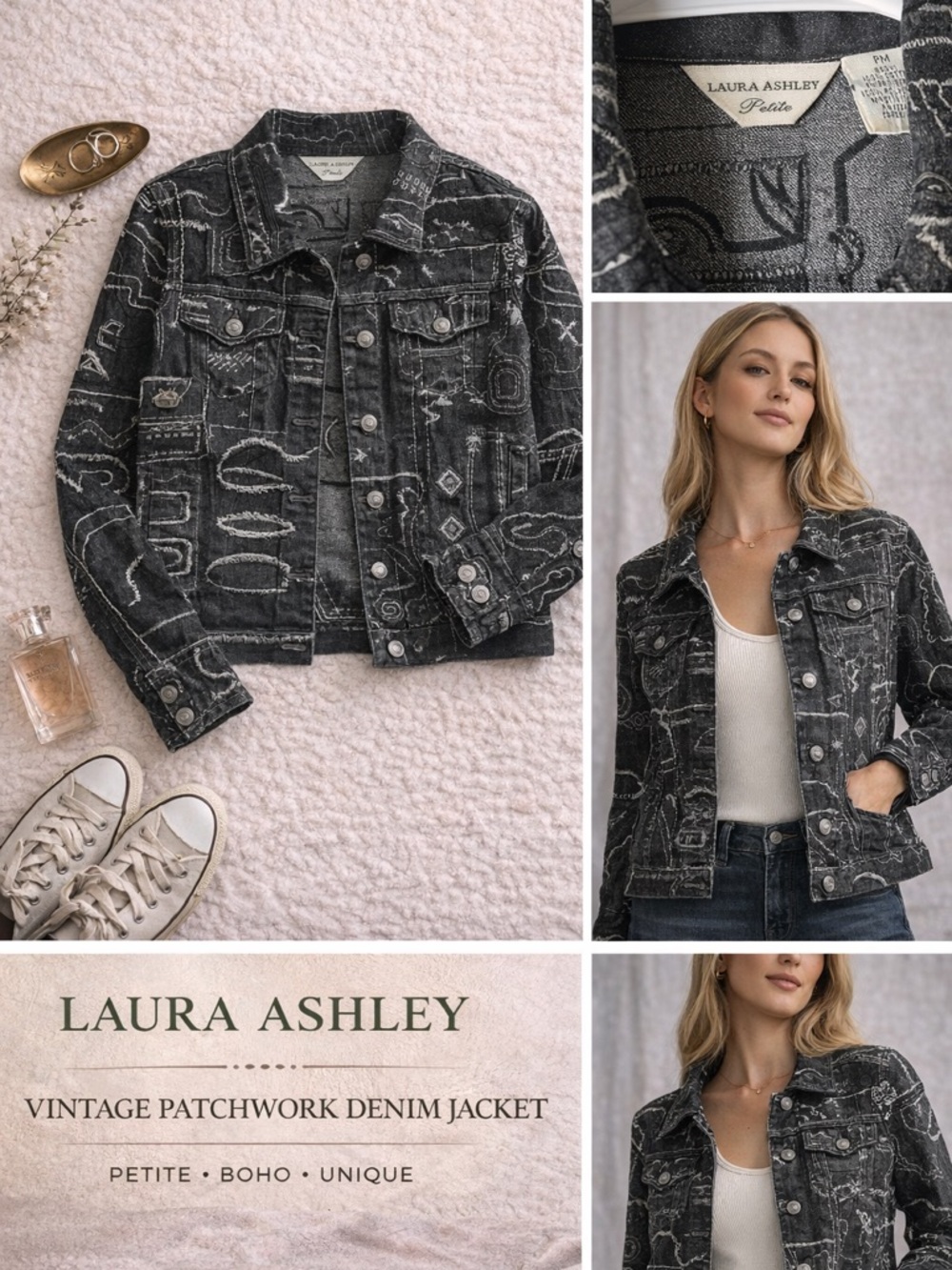 Laura Ashley Black Washed Patchwork Print Denim Jacket